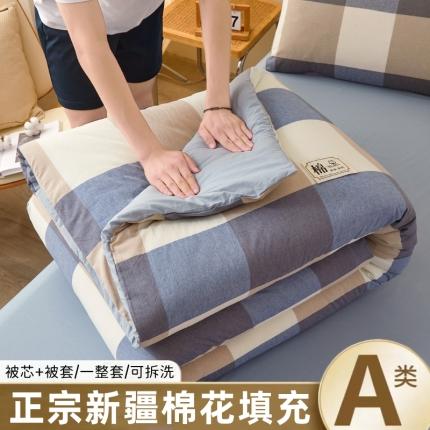 91家纺网 家纺一手货源 找家纺 晓时候 2025新款无印风亲肤水洗棉新疆棉花被可拆洗被子被芯冬被春秋被 蓝大格