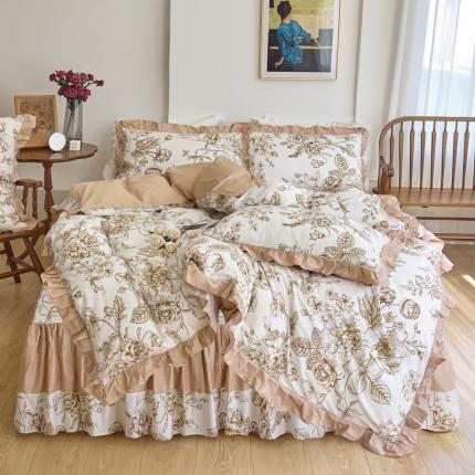 91家纺网 家纺一手货源 找家纺 （总）爱妮玖玖 2023新款全棉印花床裙四件套-春暖（配花边被套）