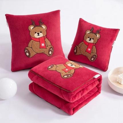 （总）宝马家纺2023新款泰迪熊圣诞限量版毛巾绣抱枕被