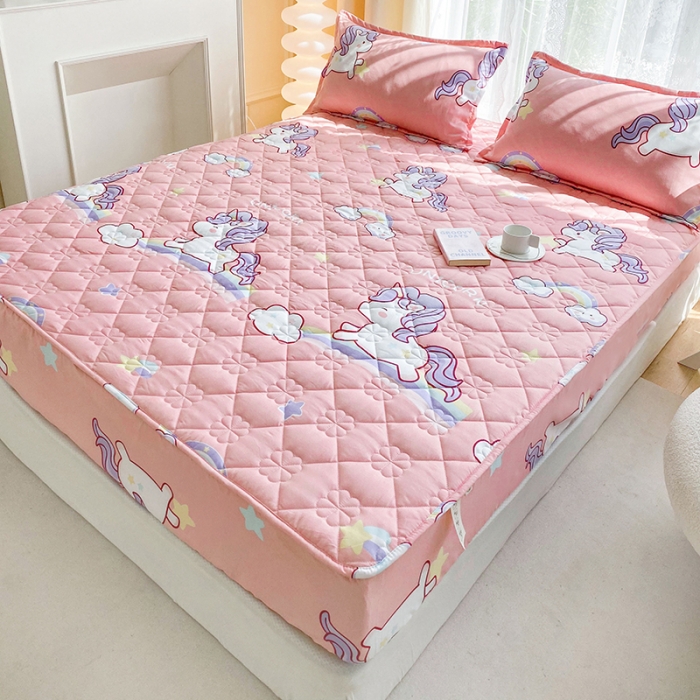 91家纺网 家纺一手货源 找家纺 米柳 2024新款亲肤夹棉印花床笠 彩虹马