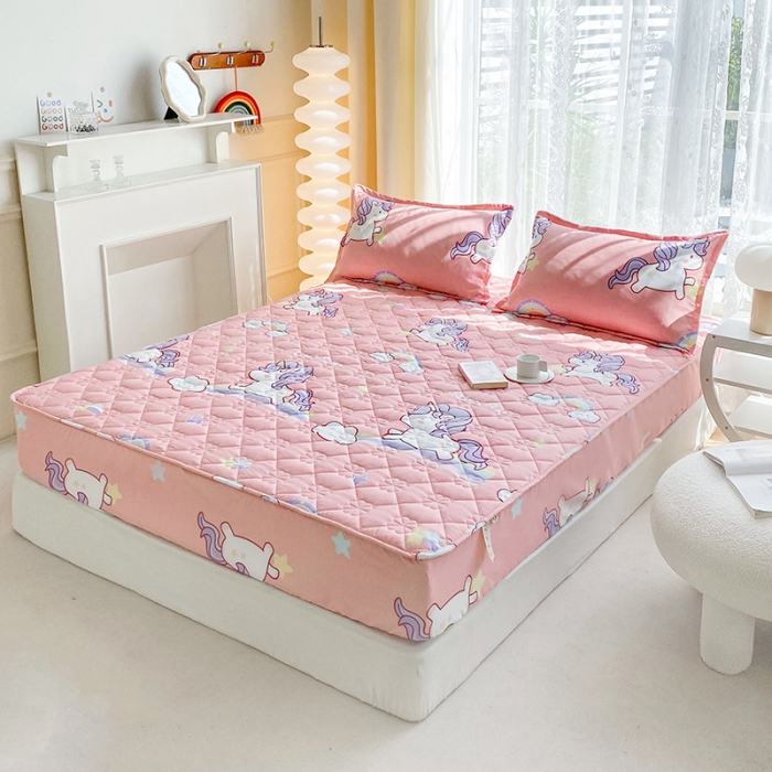 91家纺网 家纺一手货源 找家纺 米柳 2024新款亲肤夹棉印花床笠 彩虹马