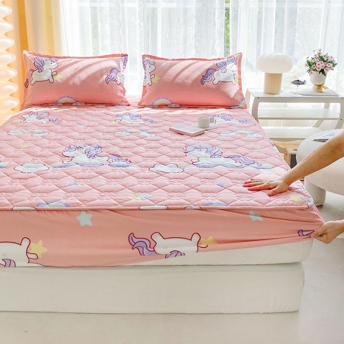 91家纺网 家纺一手货源 找家纺 米柳 2024新款亲肤夹棉印花床笠 彩虹马