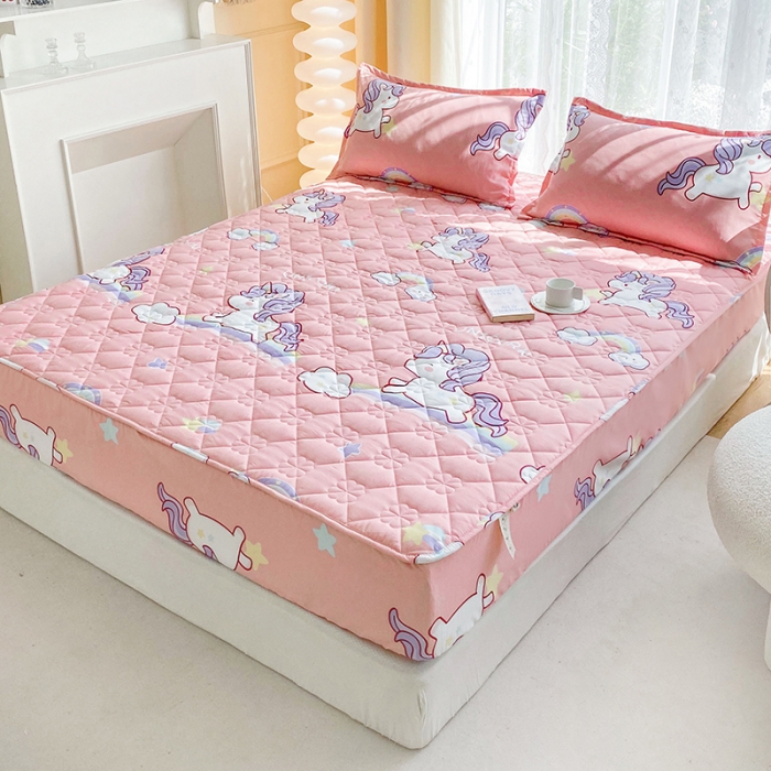 91家纺网 家纺一手货源 找家纺 米柳 2024新款亲肤夹棉印花床笠 彩虹马