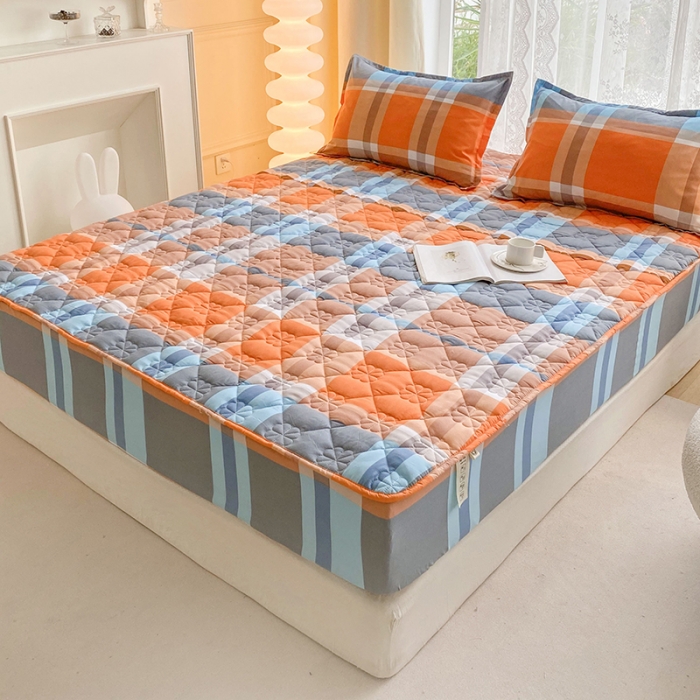 91家纺网 家纺一手货源 找家纺 米柳 2024新款亲肤夹棉印花床笠 兰橘大格