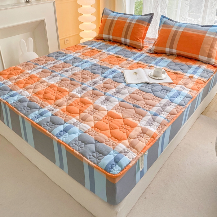 91家纺网 家纺一手货源 找家纺 米柳 2024新款亲肤夹棉印花床笠 兰橘大格