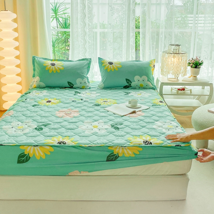 91家纺网 家纺一手货源 找家纺 米柳 2024新款亲肤夹棉印花床笠 盛夏