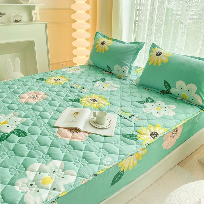 91家纺网 家纺一手货源 找家纺 米柳 2024新款亲肤夹棉印花床笠 盛夏