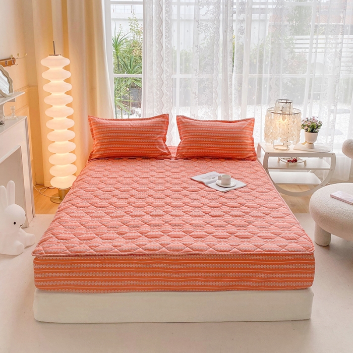 91家纺网 家纺一手货源 找家纺 米柳 2024新款亲肤夹棉印花床笠 素锦橘