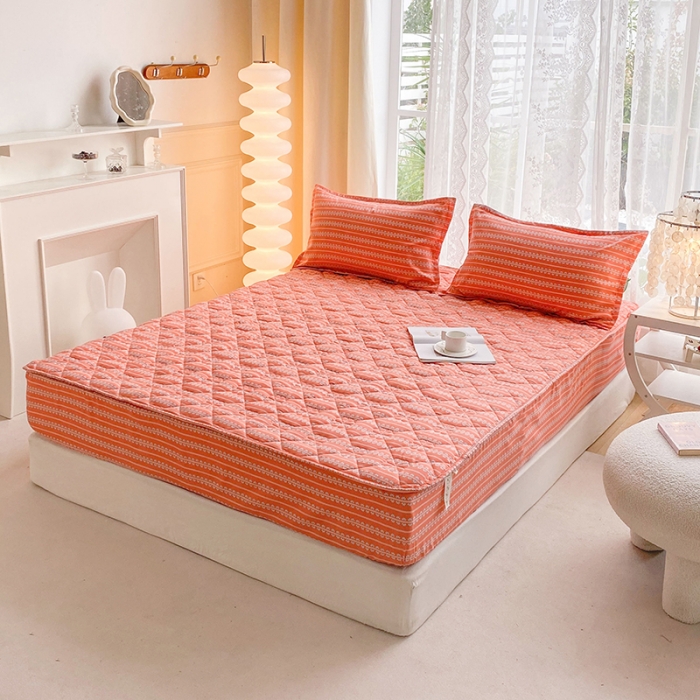 91家纺网 家纺一手货源 找家纺 米柳 2024新款亲肤夹棉印花床笠 素锦橘