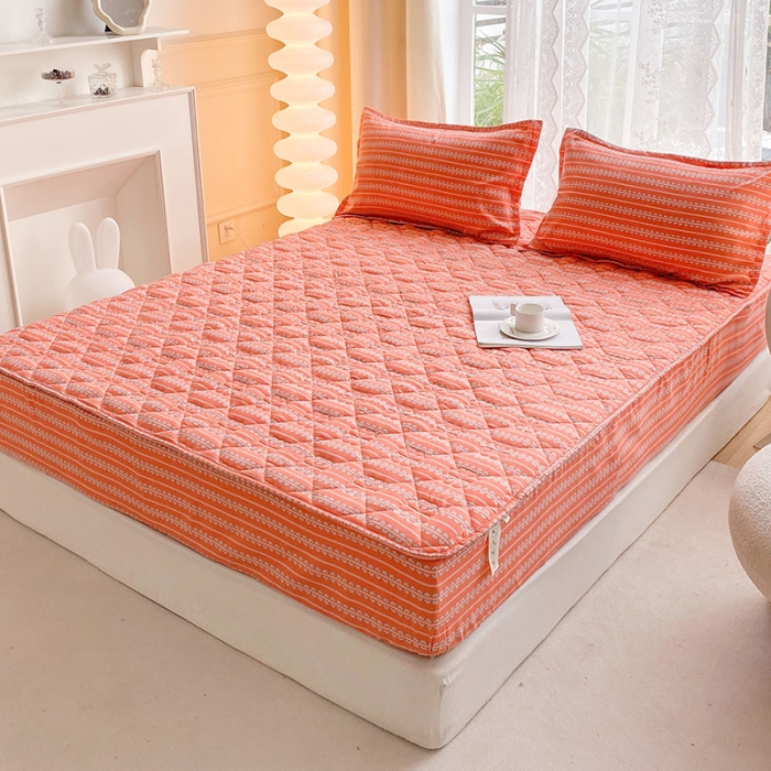 91家纺网 家纺一手货源 找家纺 米柳 2024新款亲肤夹棉印花床笠 素锦橘