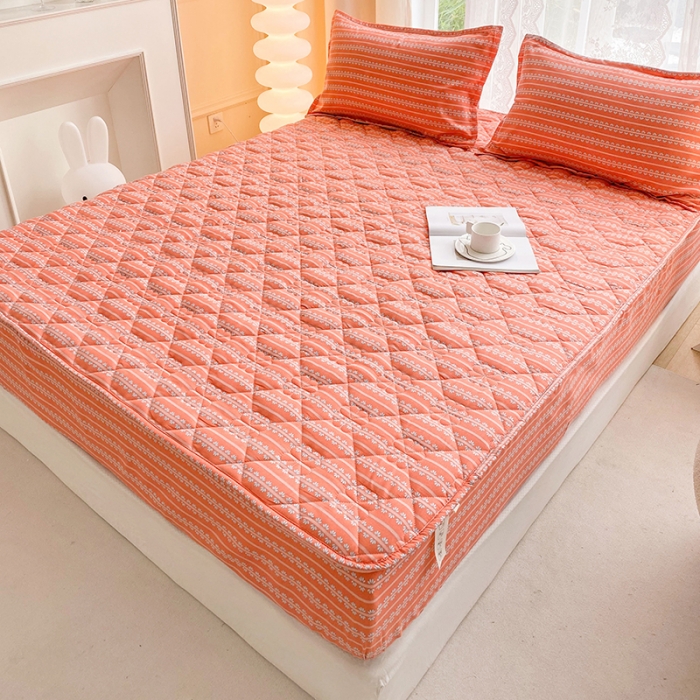 91家纺网 家纺一手货源 找家纺 米柳 2024新款亲肤夹棉印花床笠 素锦橘