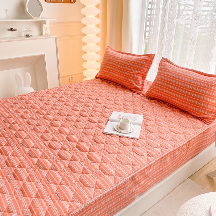 91家纺网 家纺一手货源 找家纺 米柳 2024新款亲肤夹棉印花床笠 素锦橘