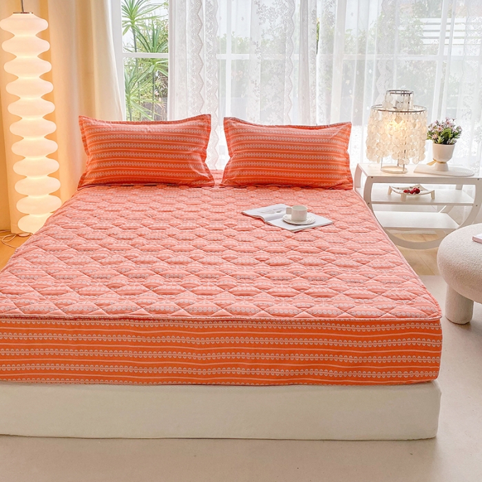 91家纺网 家纺一手货源 找家纺 米柳 2024新款亲肤夹棉印花床笠 素锦橘