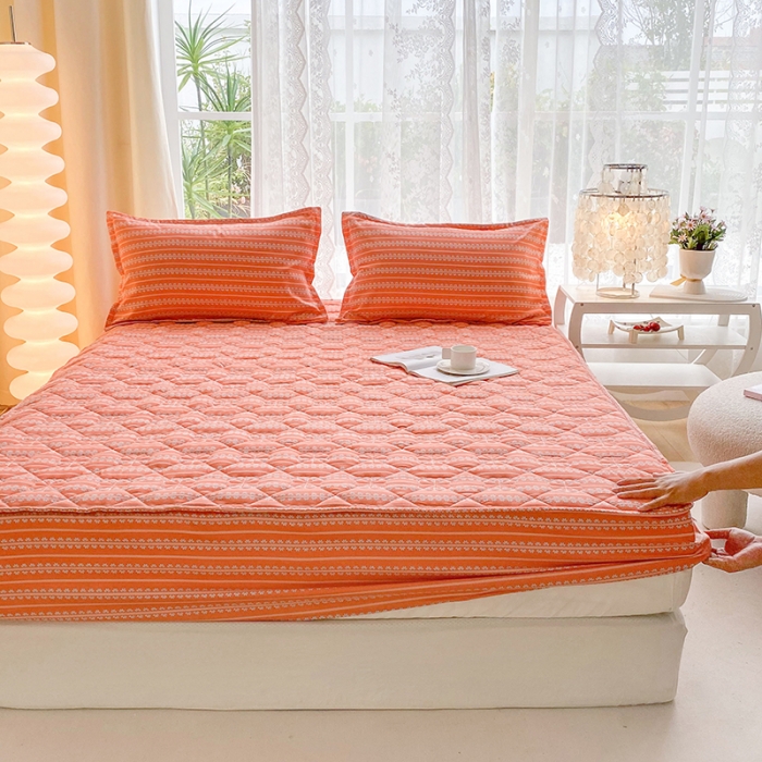 91家纺网 家纺一手货源 找家纺 米柳 2024新款亲肤夹棉印花床笠 素锦橘