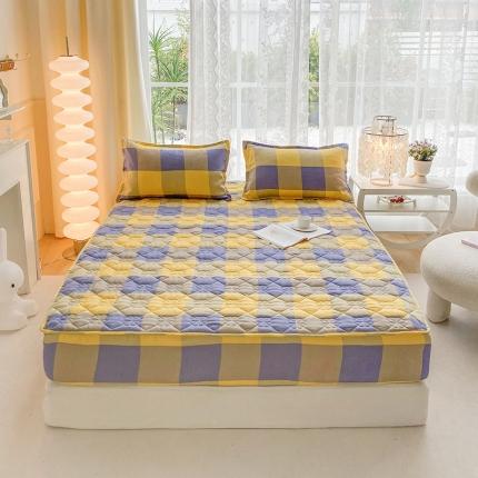 米柳 2024新款亲肤夹棉印花床笠 紫黄大格