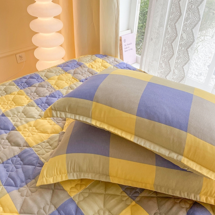 91家纺网 家纺一手货源 找家纺 米柳 2024新款亲肤夹棉印花床笠 紫黄大格