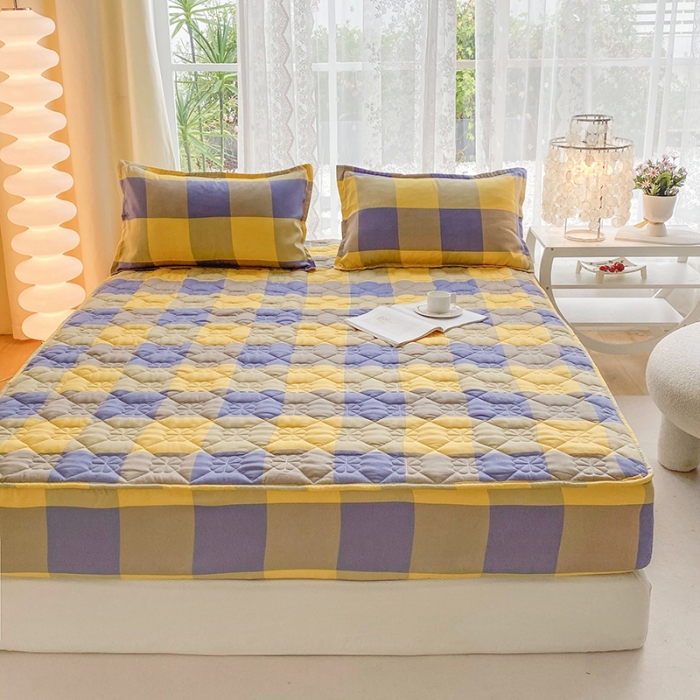 91家纺网 家纺一手货源 找家纺 米柳 2024新款亲肤夹棉印花床笠 紫黄大格