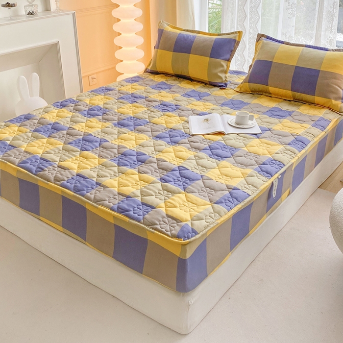 91家纺网 家纺一手货源 找家纺 米柳 2024新款亲肤夹棉印花床笠 紫黄大格