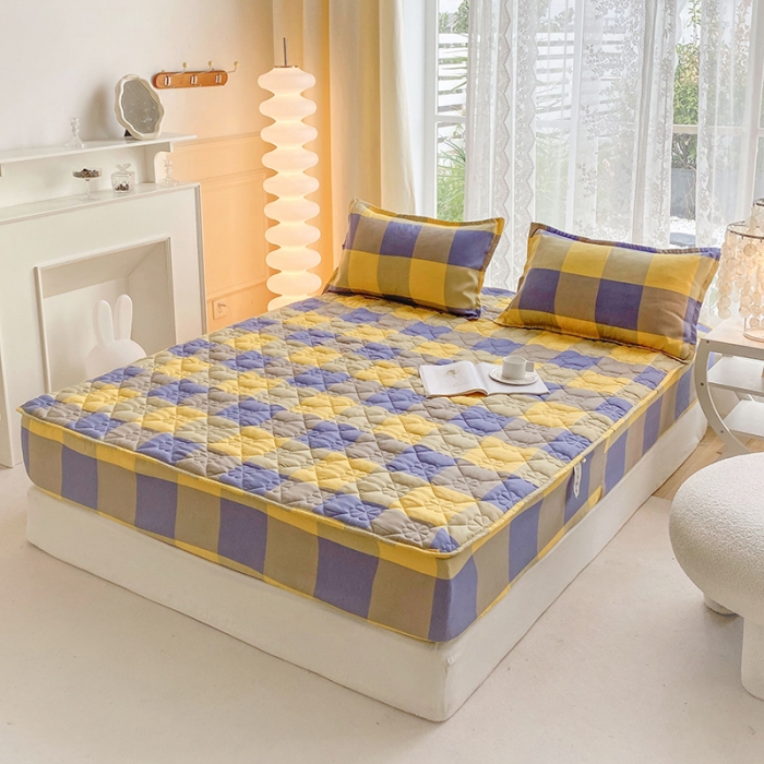 91家纺网 家纺一手货源 找家纺 米柳 2024新款亲肤夹棉印花床笠 紫黄大格