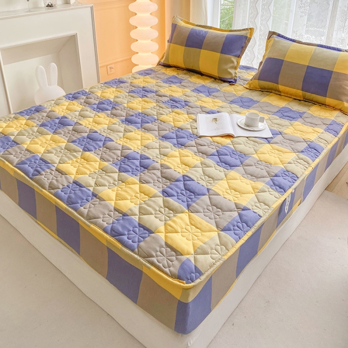 91家纺网 家纺一手货源 找家纺 米柳 2024新款亲肤夹棉印花床笠 紫黄大格