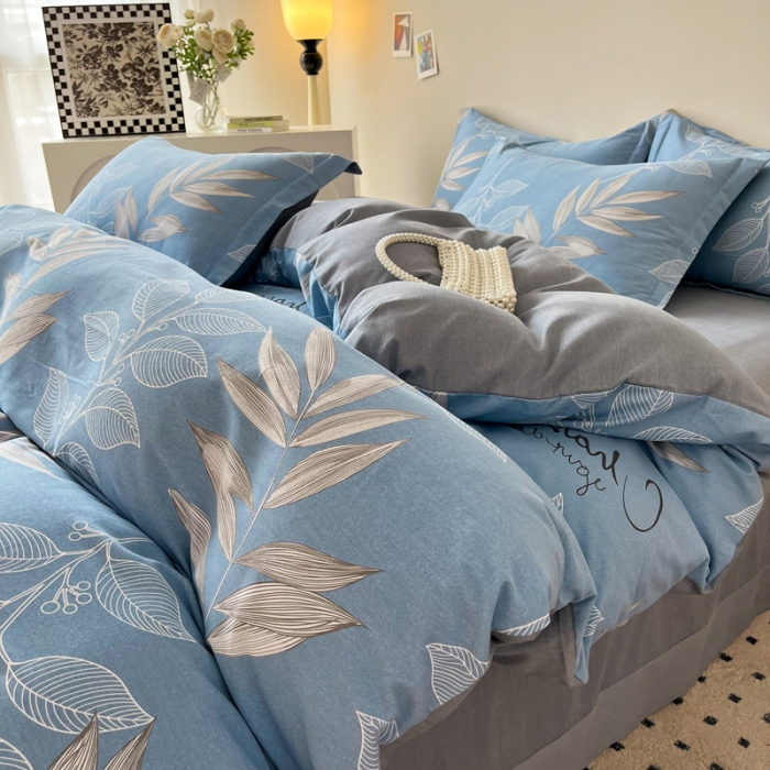 91家纺网 家纺一手货源 找家纺 慕尚 2025新款全棉磨毛印花系列四件套 香兰草蓝