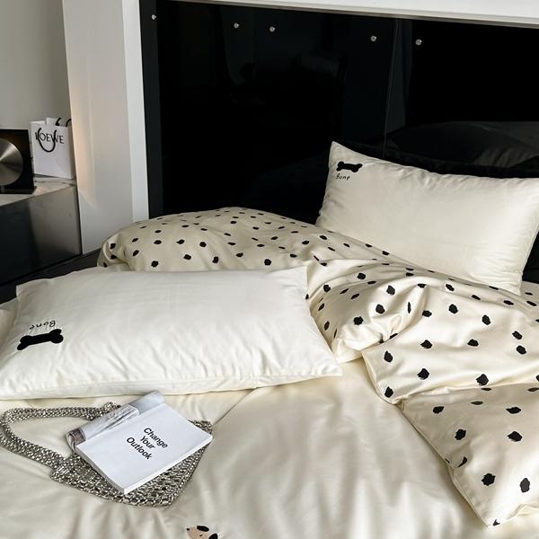 91家纺网 家纺一手货源 找家纺 总赫帛 2023新款50s缎纹数码印花长绒棉四件套-斑点狗狗（有刺绣）