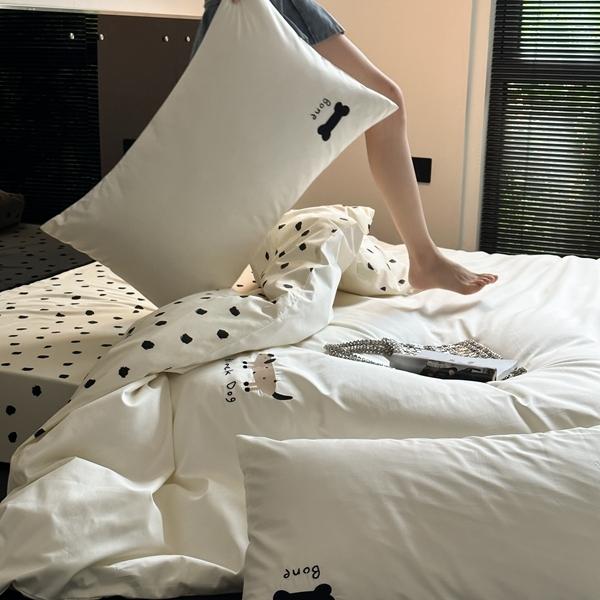 91家纺网 家纺一手货源 找家纺 总赫帛 2023新款50s缎纹数码印花长绒棉四件套-斑点狗狗（有刺绣）