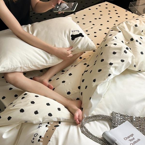 91家纺网 家纺一手货源 找家纺 总赫帛 2023新款50s缎纹数码印花长绒棉四件套-斑点狗狗（有刺绣）