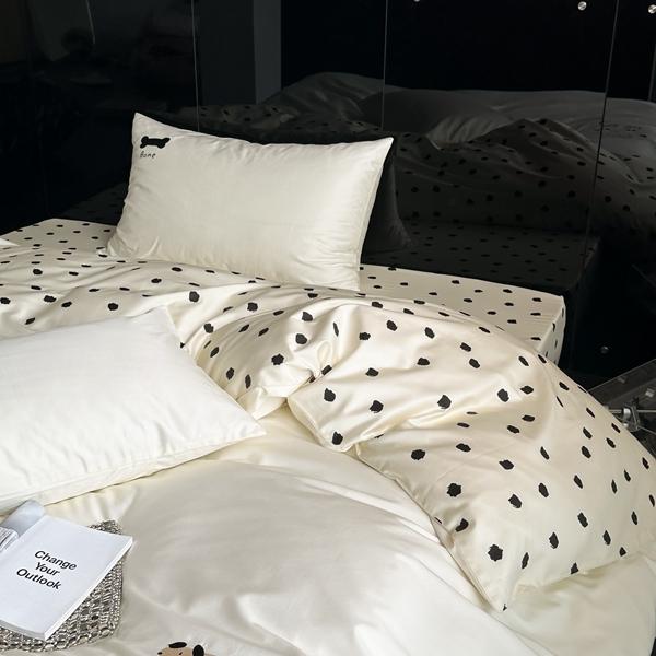 91家纺网 家纺一手货源 找家纺 总赫帛 2023新款50s缎纹数码印花长绒棉四件套-斑点狗狗（有刺绣）