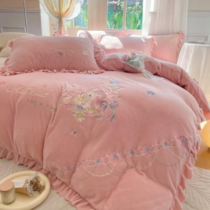 23直播爆款高克重刺绣牛奶绒四件套月小兔系列提供买家秀 月小兔-樱花粉