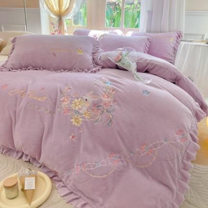 23直播爆款高克重刺绣牛奶绒四件套月小兔系列提供买家秀 月小兔-香妃紫