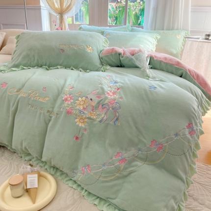 23直播爆款高克重刺绣牛奶绒四件套月小兔系列提供买家秀 月小兔-香草绿