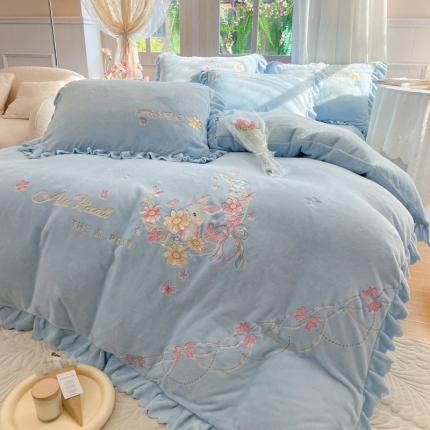 23直播爆款高克重刺绣牛奶绒四件套月小兔系列提供买家秀 月小兔-天空蓝