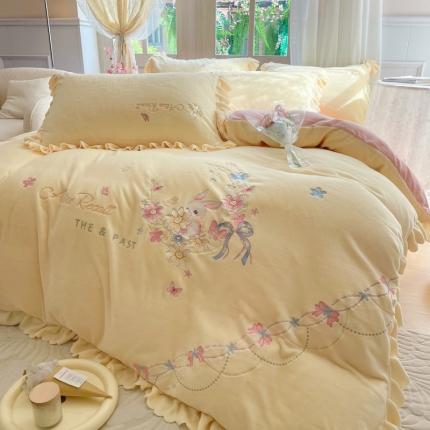 23直播爆款高克重刺绣牛奶绒四件套月小兔系列提供买家秀 月小兔-奶油黄