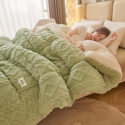 91家纺网 家纺一手货源 找家纺 卡派 2023新款加厚雕花绒宝宝绒塔芙蓉保暖冬被 果绿