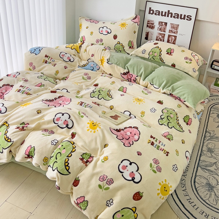 91家纺网 家纺一手货源 找家纺 乐童2024新款吊边款牛奶绒四件套 淘气恐龙