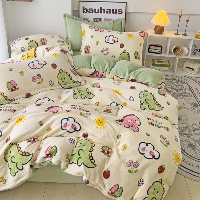 91家纺网 家纺一手货源 找家纺 乐童2024新款吊边款牛奶绒四件套 淘气恐龙