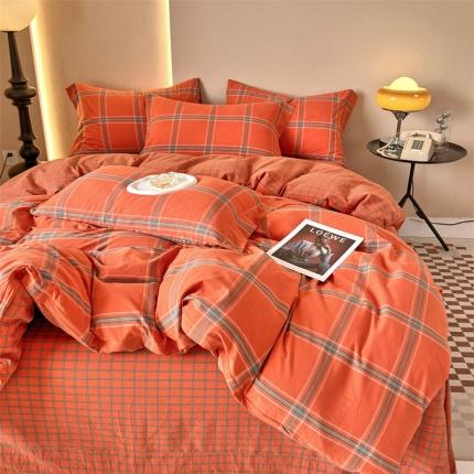 91家纺网 家纺一手货源 找家纺 价格下调三沁 直播爆款纯棉全棉色织水洗棉简约格子式四件套倾城爱玛橘