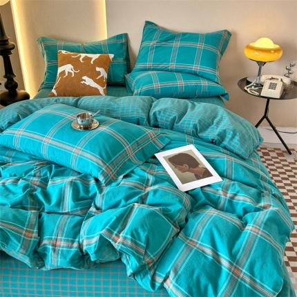 91家纺网 家纺一手货源 找家纺 价格下调三沁直播爆款纯棉全棉色织水洗棉简约格子式四件套倾城墨绿