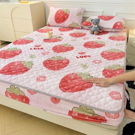 雯豆 2023新款牛奶绒夹棉床笠A类抗菌加厚保暖床罩床垫床护垫 牛奶绒床笠-草莓啵啵