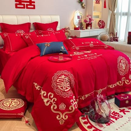 91家纺网 家纺一手货源 找家纺 玉雅家纺 2025新款亲肤刺绣婚庆四件套满心欢喜