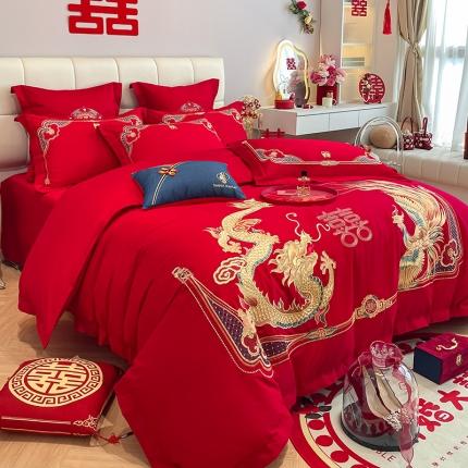 91家纺网 家纺一手货源 找家纺 玉雅家纺 2025新款亲肤刺绣婚庆四件套祥龙瑞凤