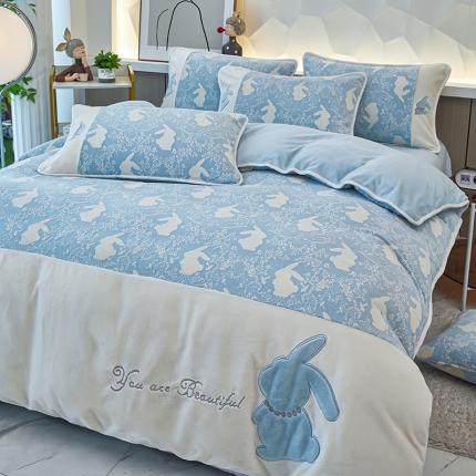 凤杰 2023新款贴布刺绣牛奶绒四件套 吉祥兔系列 吉祥兔 蓝