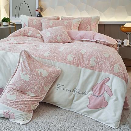 凤杰 2023新款贴布刺绣牛奶绒四件套 吉祥兔系列 吉祥兔 粉