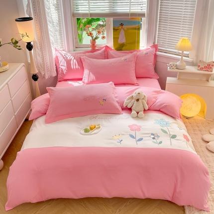 91家纺网 家纺一手货源 找家纺 水洗磨毛亲肤棉贴布绣花四件套-浪漫花约 浪漫花约-粉色