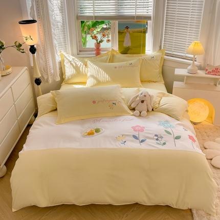 91家纺网 家纺一手货源 找家纺 易辰美 新款水洗磨毛亲肤棉贴布绣花四件套-浪漫花约 浪漫花约-奶油黄