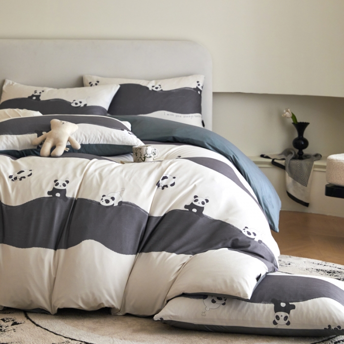 91家纺网 家纺一手货源 找家纺 凡客 2023新款针织棉磨毛绒感四件套 嗨熊猫