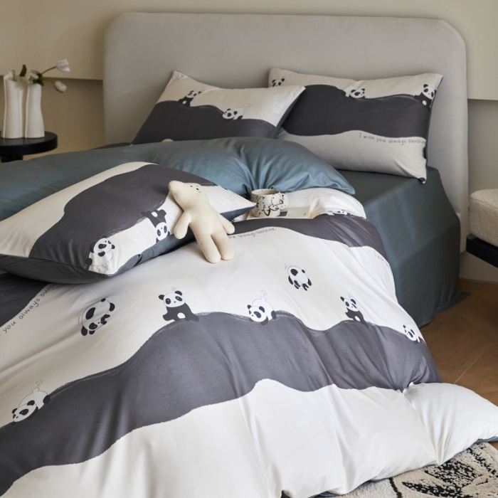 91家纺网 家纺一手货源 找家纺 凡客 2023新款针织棉磨毛绒感四件套 嗨熊猫