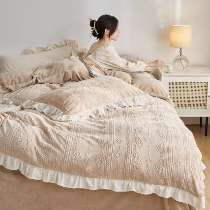 91家纺网 家纺一手货源 找家纺 （总）凯儿2024A类烂花公主风荷叶边韩版桃乐丝牛奶绒四件套