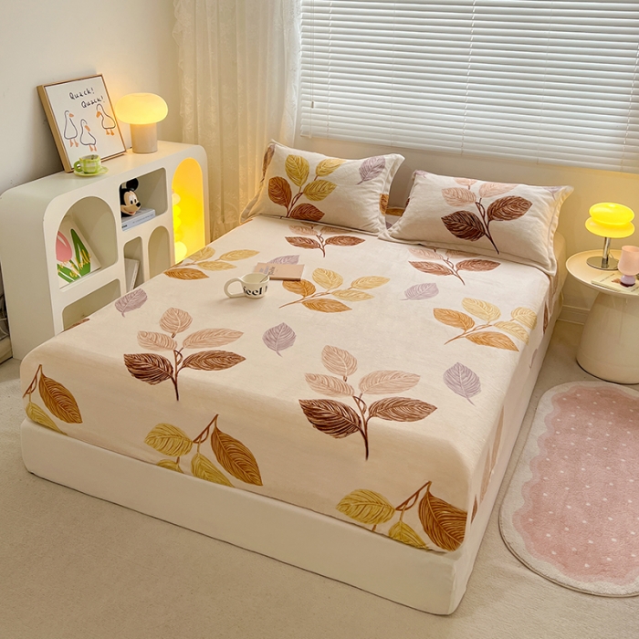 91家纺网 家纺一手货源 找家纺 牛奶绒加厚床笠法兰绒床罩套珊瑚绒床垫保护套防滑固定全包床单黄金叶